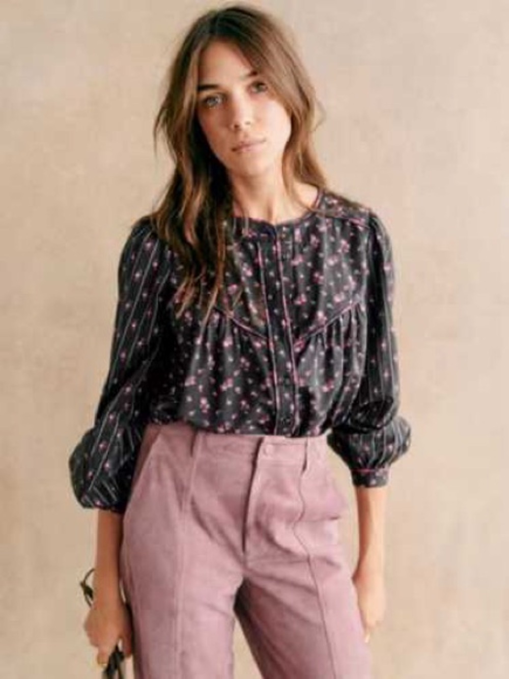 Sezane Wms Milou Black Pink Organic Cotton Floral Stripe Plaid Trim Retro Top 34
